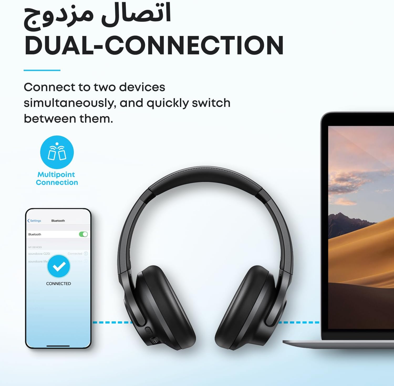 سماعة Soundcore Q20i من Anker | إلغاء ضوضاء ANC، صوت Hi-Res، بطارية حتى 60 ساعة