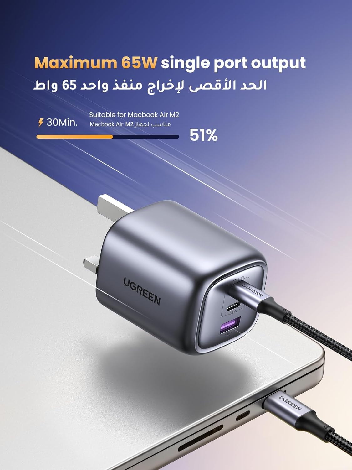 شاحن UGREEN Nexode 65W GaN | شاحن سريع USB-C ثلاثي المنافذ مع شوكة قابلة للطي