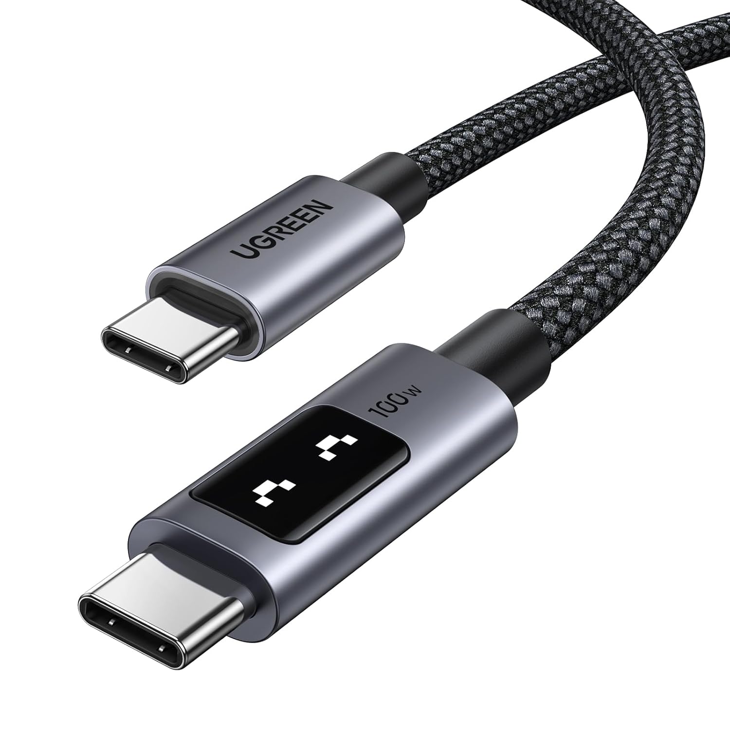 كابل UGREEN USB-C إلى USB-C 100W (1 متر) | شحن سريع PD، شاشة LED، نايلون مضفر