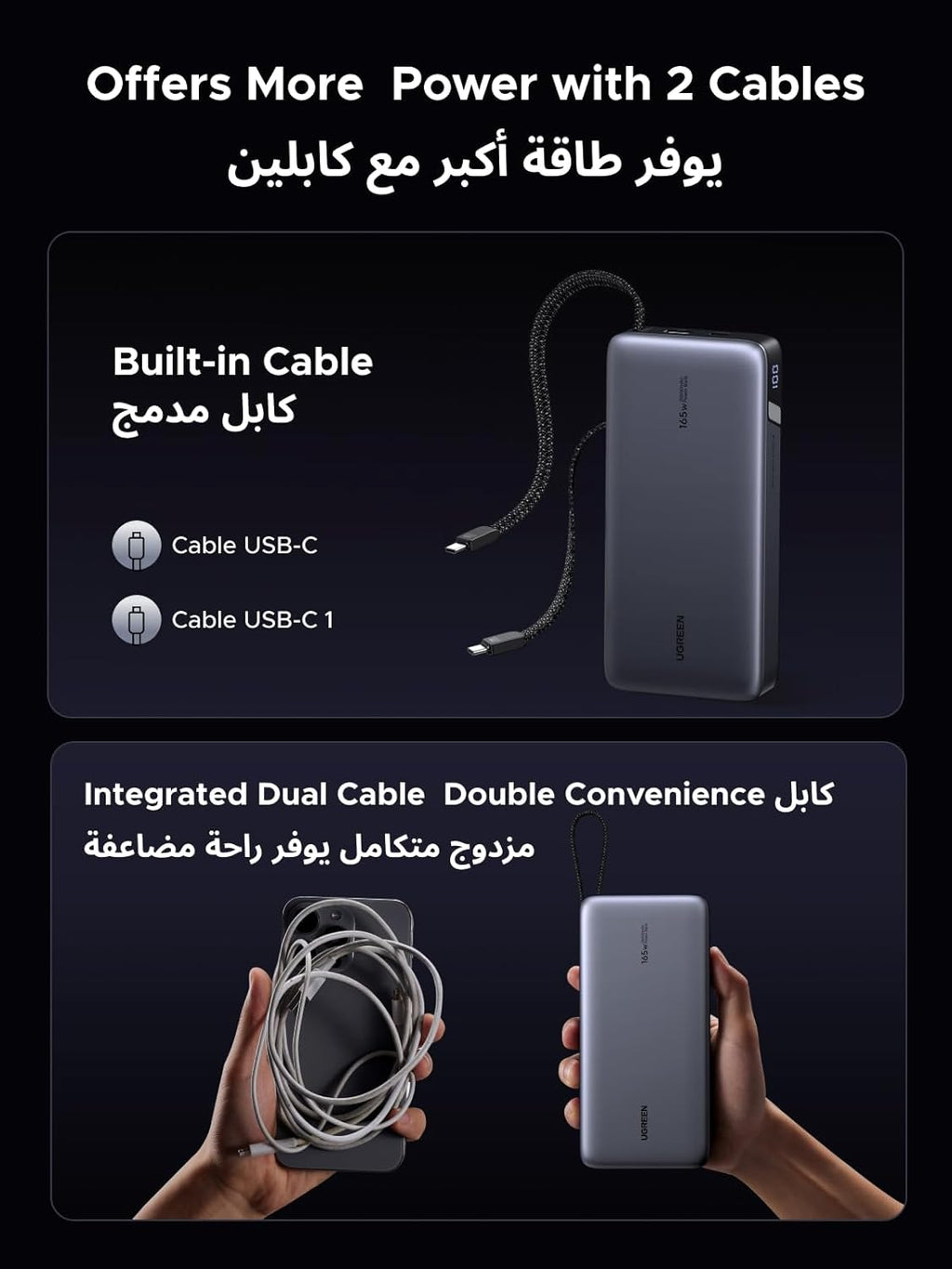 بنك طاقة UGREEN Nexode 25000mAh | شحن سريع 165W مع كابلين USB-C مدمجين
