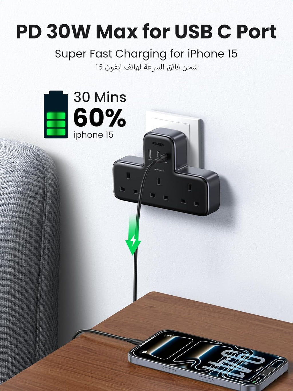 شريط طاقة UGREEN 6 في 1 | 3 منافذ كهرباء + 3 منافذ USB مع شحن سريع PD 30W GaN