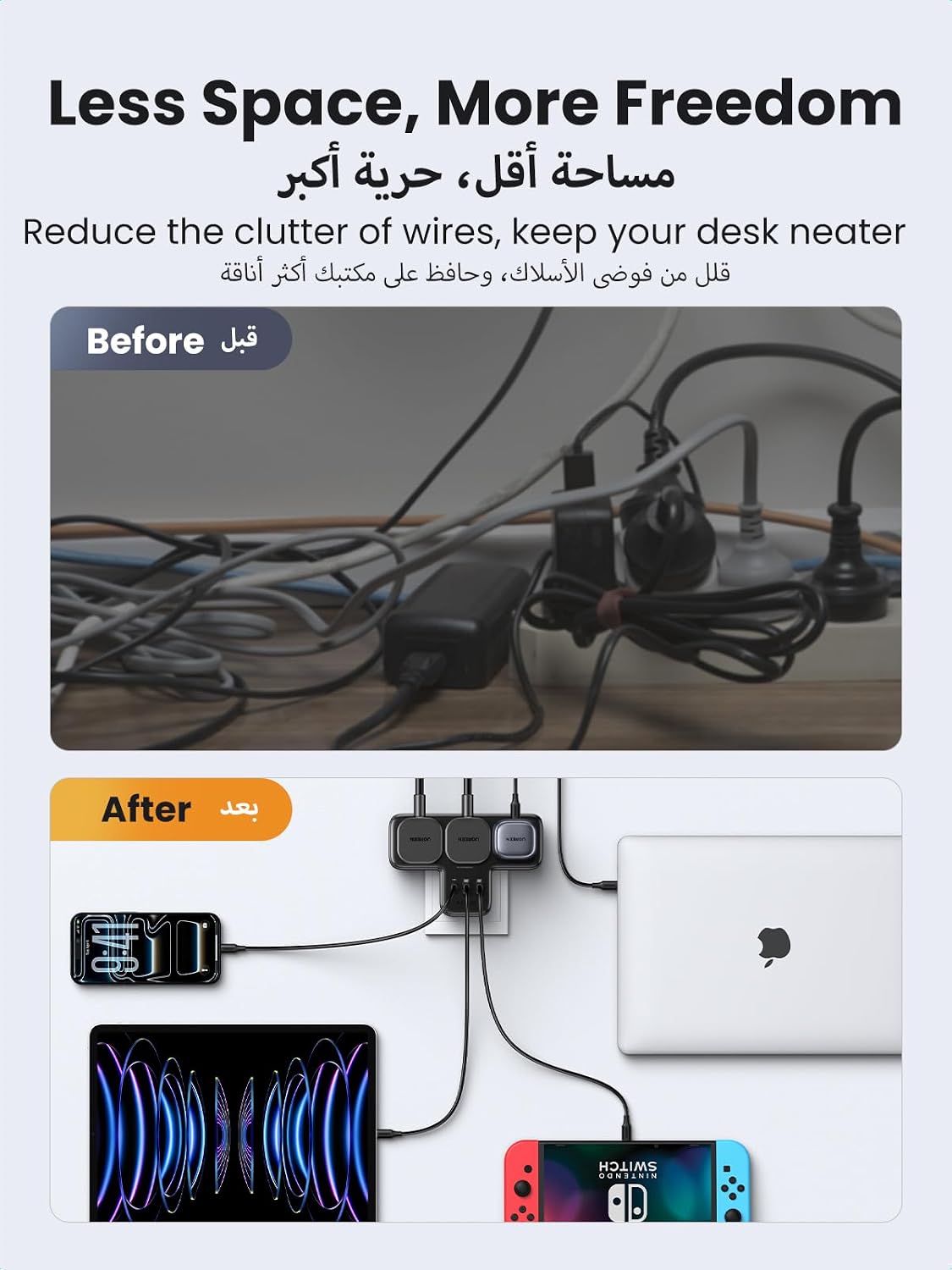 شريط طاقة UGREEN 6 في 1 | 3 منافذ كهرباء + 3 منافذ USB مع شحن سريع PD 30W GaN
