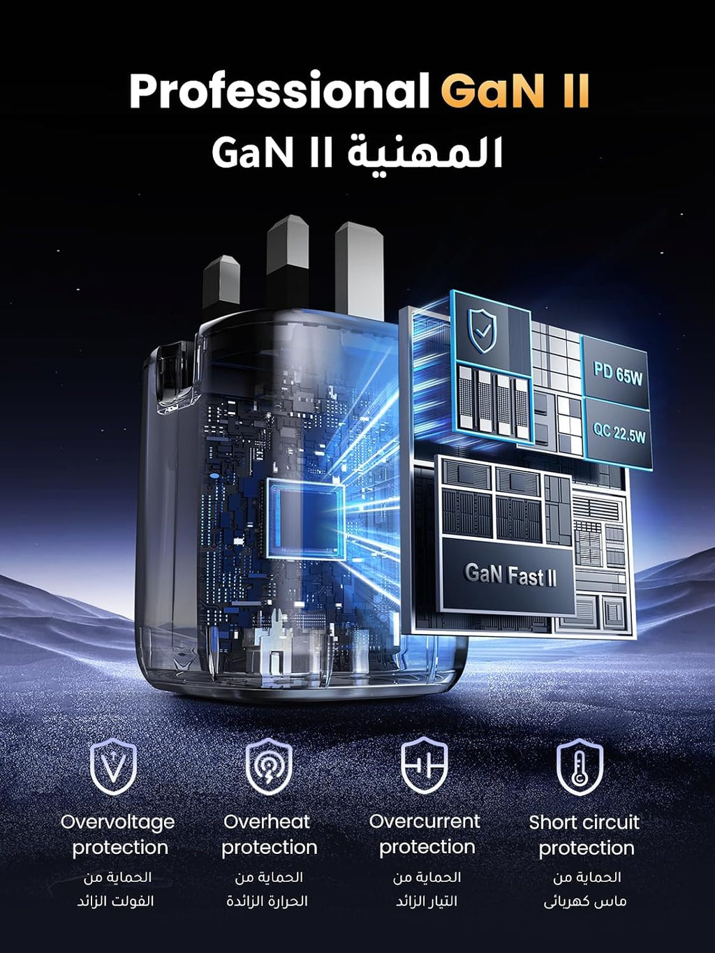 شاحن UGREEN Nexode 65W GaN | شاحن سريع USB-C ثلاثي المنافذ مع شوكة قابلة للطي