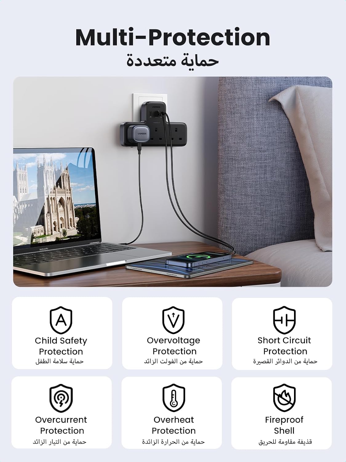 شريط طاقة UGREEN 6 في 1 | 3 منافذ كهرباء + 3 منافذ USB مع شحن سريع PD 30W GaN