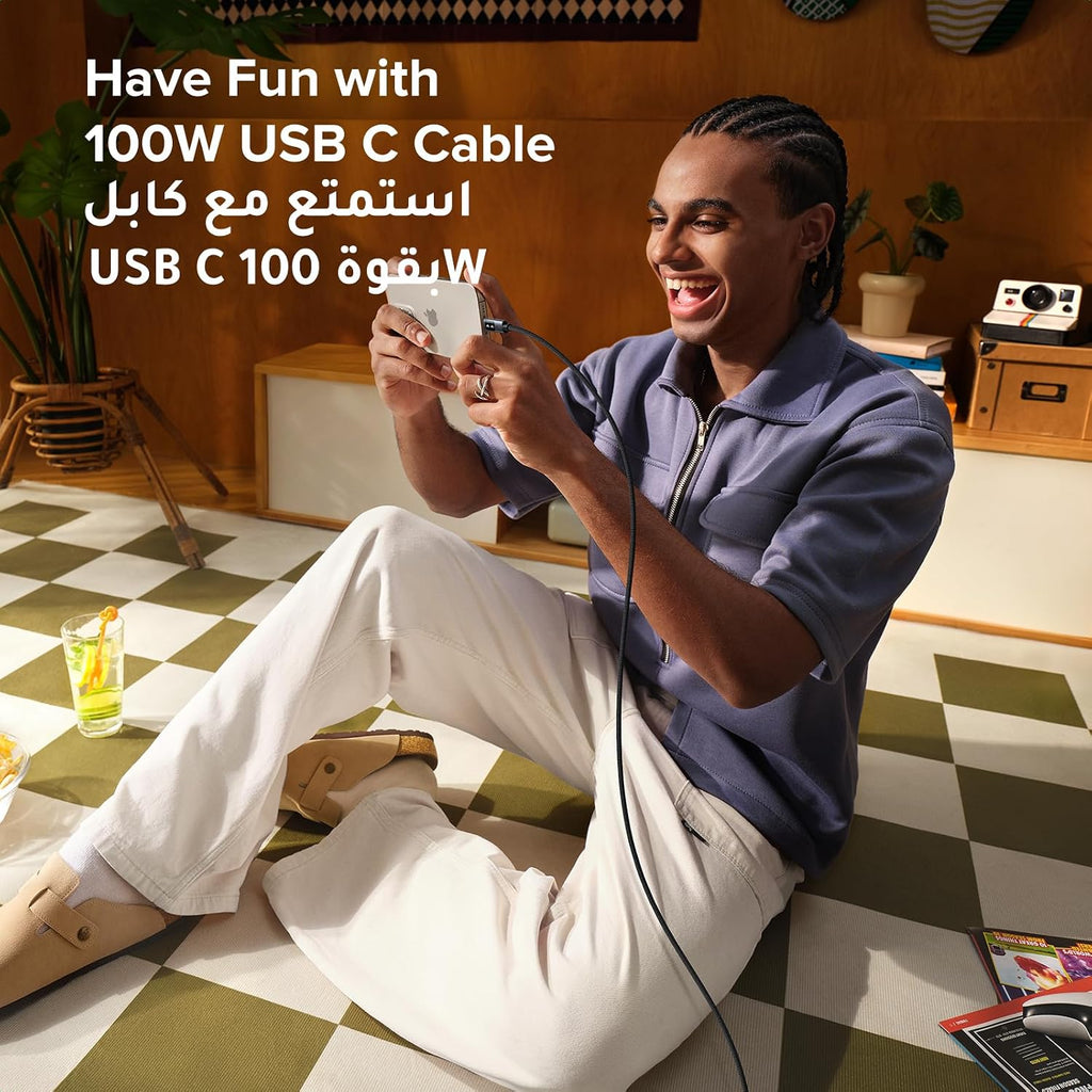 كابل UGREEN USB-C إلى USB-C 100W (1 متر) | شحن سريع PD، شاشة LED، نايلون مضفر